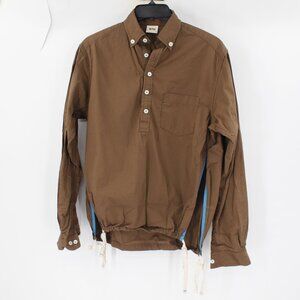 RTH shirt men's 0 popover polo long sleeve button down brown cotton side slit